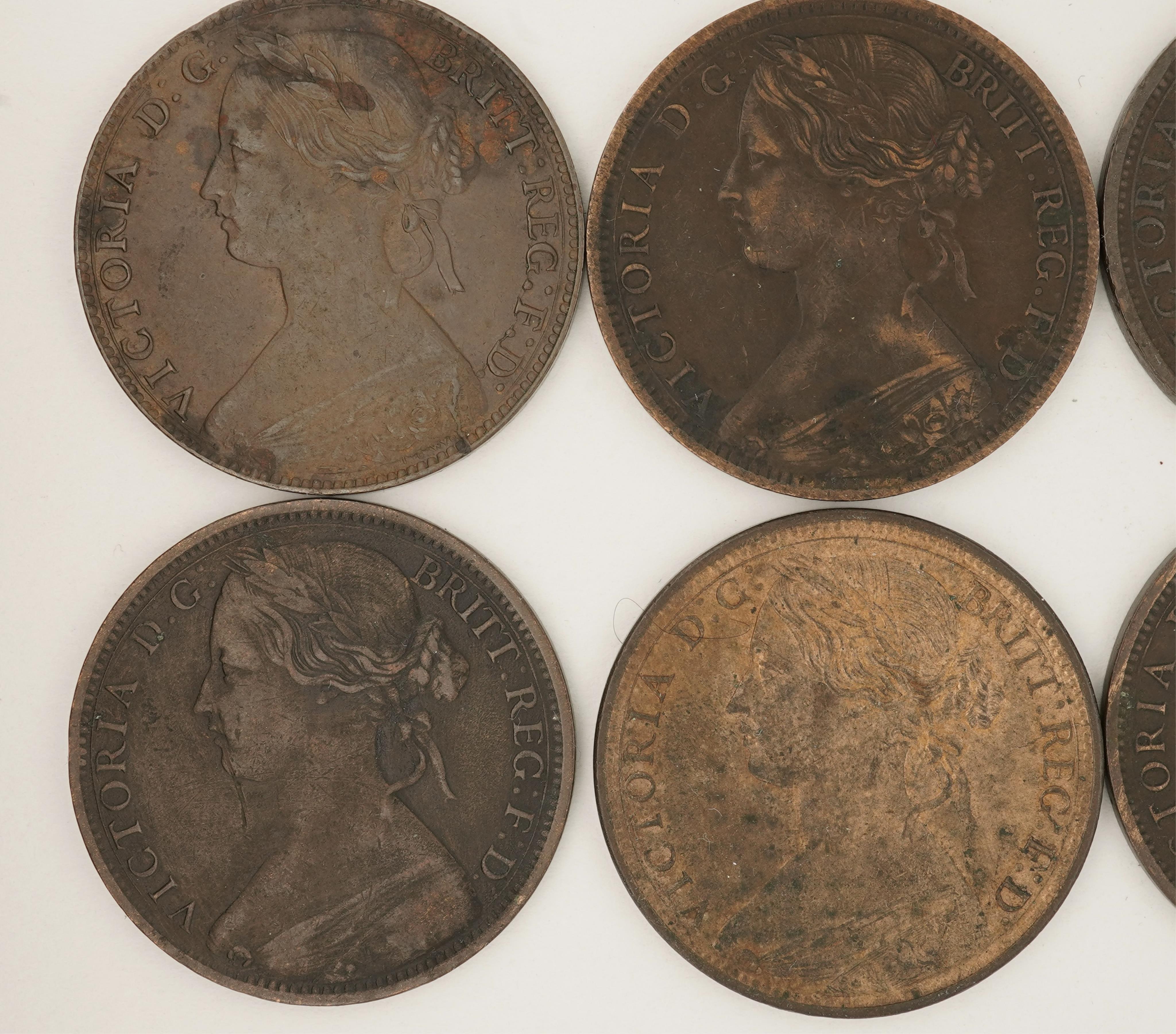 British coins, Victoria, eight bronze pennies;, 1861, Fr. 22, Gouby dies F/d, good VF, dark toned, 1862, Fr. 39, Gouby dies J/g, good VF, dark toned, 1863, Fr. 42, Gouby dies J/g, good fine, dark toned, 1864, slanted tai